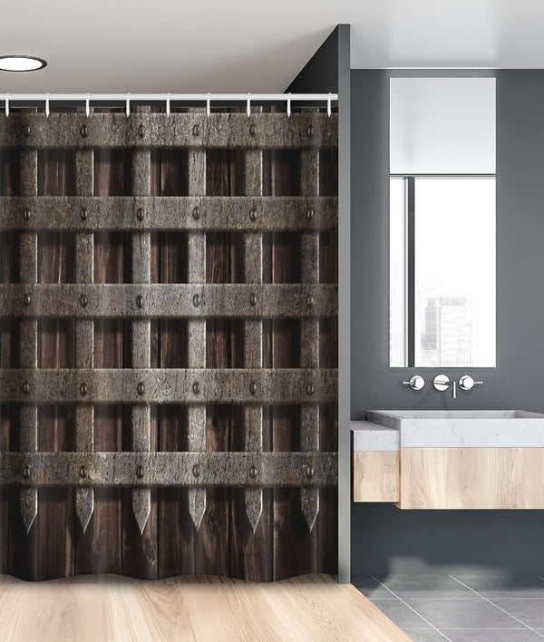Ambesonne Medieval Stall Shower Curtain - Wooden Castle Wall and Gate Print, Fabric Bathroom Decor, 54" W x 78" L