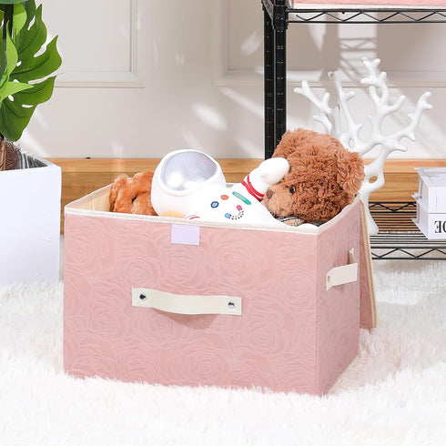 ANMINY Fabric Storage Bin with Lid, Rose Print Basket with PU Leather Handles, Pink, Large
