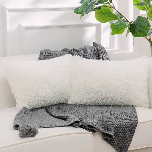 NordECO HOME Luxury Soft Faux Fur Fleece Cushion Cover - 12" x 20" Inch, White, 2 Pack (No Pillow Insert)