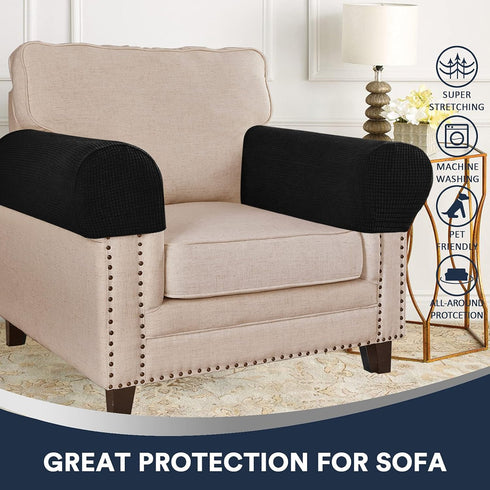 Stretch Sofa Arm Covers, Spandex Jacquard Anti-Slip Couch Armrest Protector, Set of 2, Black