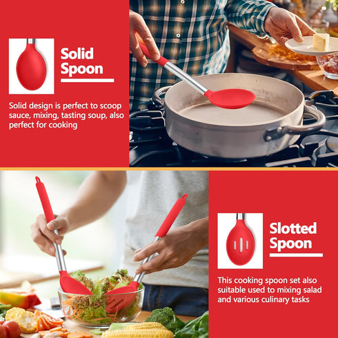 P&P CHEF Red Cooking Utensils Set of 4, Heat-proof Silicone Turner Spoon for Nonstick Cookware, Dishwasher Safe