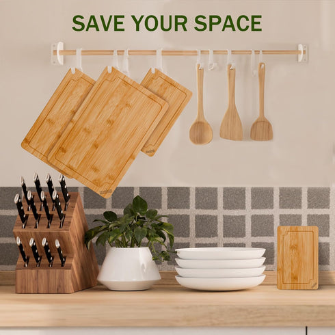4-Piece Set Bamboo Cutting Boards for Kitchen, Wood Cutting Board with Juice Grooves & Built-in Handles, Easy Storage