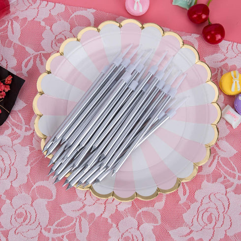 Luter Metallic Long Birthday Candles with Silver Stand - Cake Candles for Wedding Birthday Party Decoration (24 Pieces)