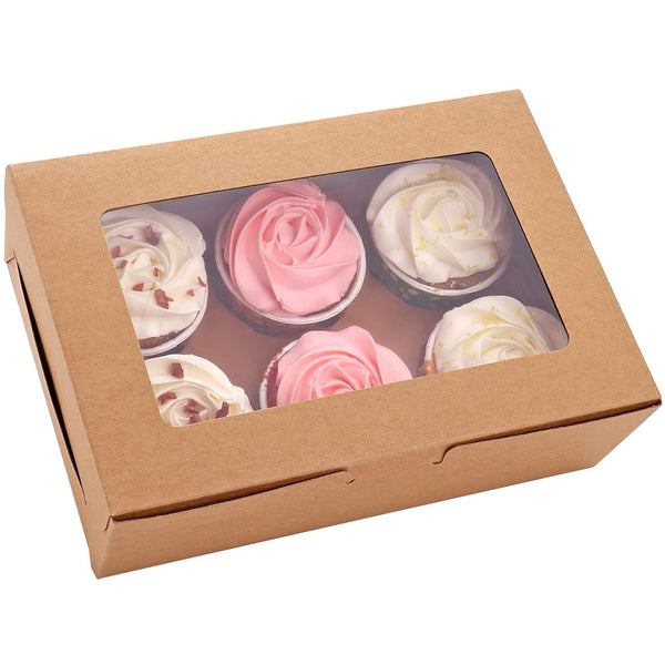 30-Set Cupcake Boxes with Inserts and Window, Brown Food Grade Kraft Holder for 6 Cupcakes, 9.4'' x 6.3'' x 3'', for