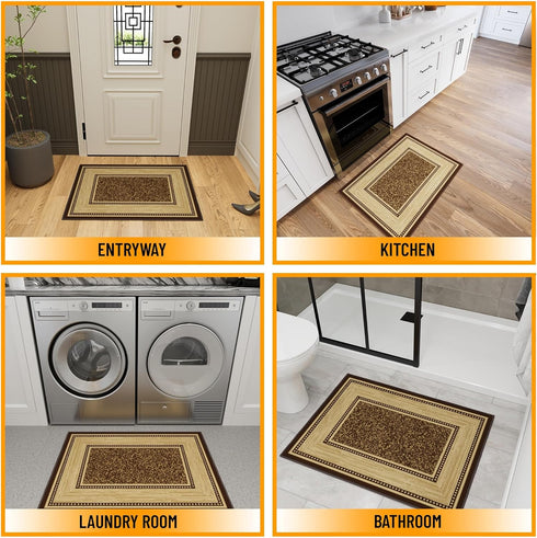 Ottomanson Non-Slip Border Rugs for Entryway, 2'3" x 3', Durable Stain Resistant Entrance Mat for Bathroom