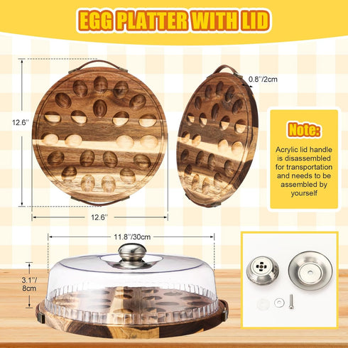 Havawish 22 Countertop Wood Deviled Egg Platter with Lid Holes Round Deviled Egg Tray Charcuterie Board Food Serving