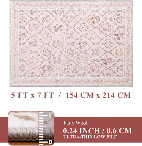 5x7 YIHOUSE Pink Floral Rug for Bedroom Girls, Washable Area Rugs for Living Room Non Slip Ultra-Thin, Soft Throw
