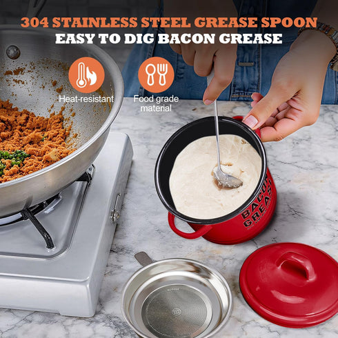46OZ Bacon Grease Container with Strainer - Large Red Kitchen Oil Storage Can, Food Saver Bin with Lid | Farmhouse