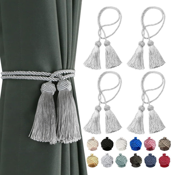 BEL AVENIR 4 Pack Handmade Curtain Tiebacks, Decorative Holdbacks with Tassel (Silver)