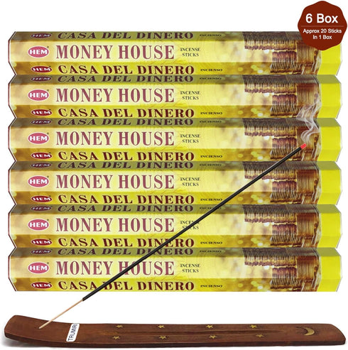 Hem Money House Incense Sticks (120 Sticks, 6 Boxes) - 9 Inches Long, 20g per Box, Attract Positive Energy