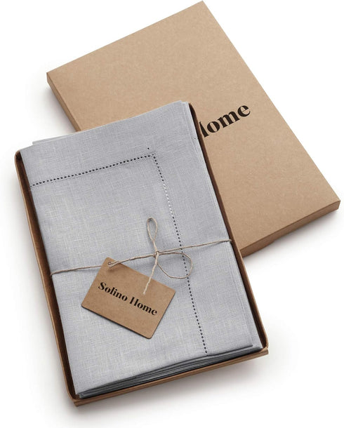 Solino Home Linen Napkins Set of 4 - Classic Hemstitch 100% Pure Linen Soft Grey Dinner Napkins, 20 x 20 Inch