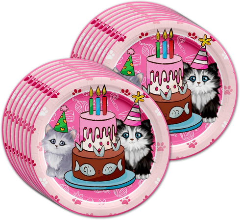 Kitty Cat Pink Kitten Birthday Party Supplies Set, Tableware Kit for 16 Plates Napkins Cups