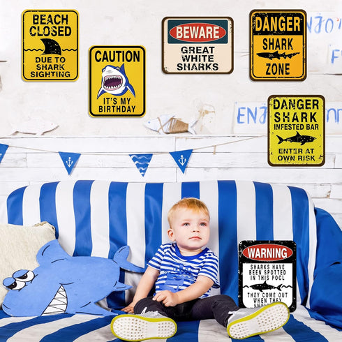 WERNNSAI Shark Zone Party Decorations, 6 PCS 8'' Funny Wall Decor Signs for Boys Kids Birthday Ocean Theme Party