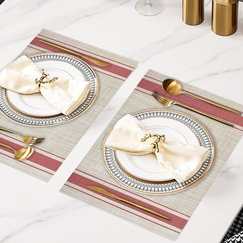 DACHUI Placemats Set of 4 - Soft & Elegant Woven Vinyl, Water Resistant, Red Stripes