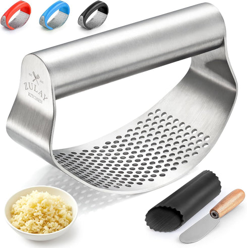 Zulay Kitchen Stainless Steel Garlic Press Rocker Set - Time Saving, Durable