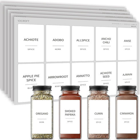 Spice Jar Labels, 140 pcs Minimalist Preprinted White Stickers for Herb Seasoning, Kitchen Pantry Organization