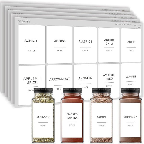 Spice Jar Labels, 140 pcs Minimalist Preprinted White Stickers for Herb Seasoning, Kitchen Pantry Organization