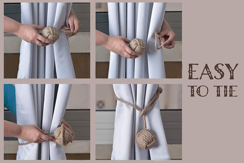 RII Beautiful Curtain Tiebacks, Natural Soft Jute Curtain Rope Pullback, Handmade Rustic Decorative Holdbacks, 2 Pair