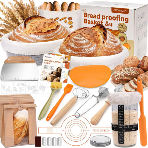 AIZMOZIA Complete Sourdough Starter Kit With Woven Proofing Basket, Sour dough Starter jar,