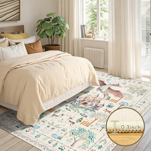 5x7ft nesrt Washable Area Rugs for Living Room Beige, Soft Dragon Animal Print Bedroom Rugs Non Slip, Botanical Forest