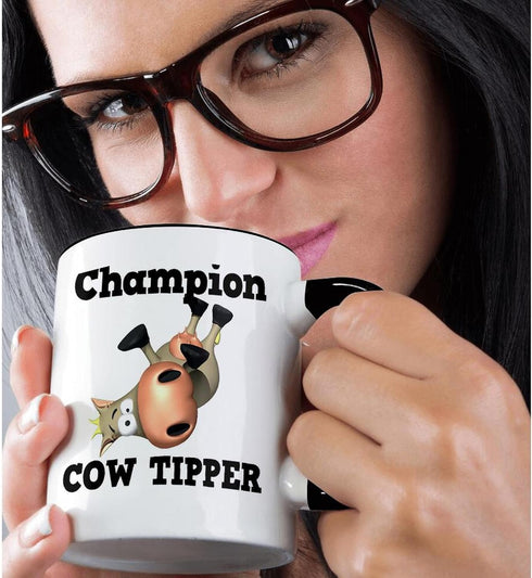 3dRose Funny Champion Cow Tipper | Cowin Tipping Humor Two Tone Mug, 11 oz, Black/White