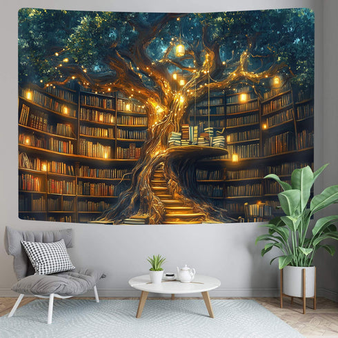 60"X40" GOAOK Fantasy Library Tapestry For Classroom, Mysterious Tree Magic Bookshelf Aesthetic Tapestries, Witchy