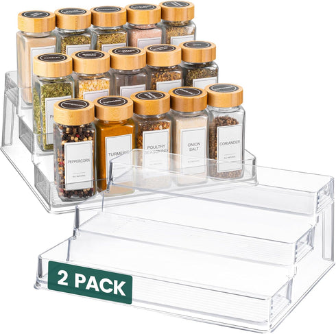 Oizeir Clear Spice Rack (2-Pack), 3 Tier Deep Spice Shelf Design for Cabinet, Acrylic Pantry Organizer for Seasoning