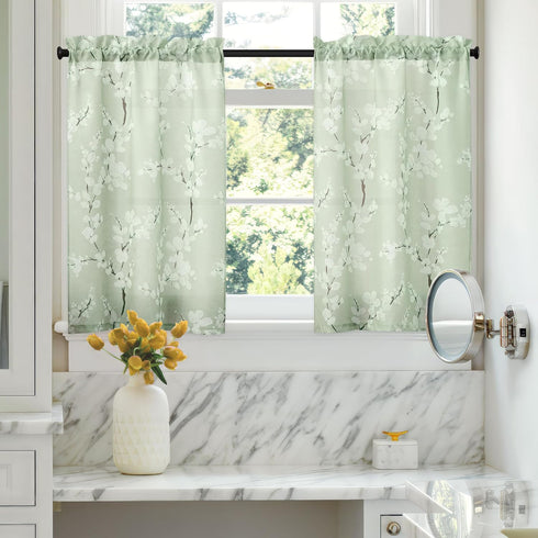 FMFUNCTEX Green White Kitchen Tier Curtains 24 Inch Length, Blossom Print Half Window Drapes for Bathroom