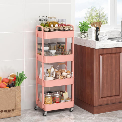 4-Tier Sywhitta Plastic Rolling Utility Cart with Handle, Multi-Functional Storage Trolley for Office, Living Room