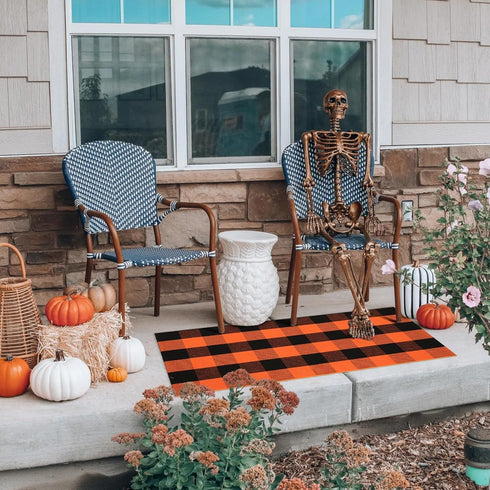 LEEVAN Orange and Black Buffalo Plaid Outdoor Rug 24"x 51", Washable Halloween Door Mat for Entryway