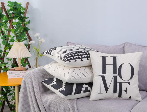 Set of 4 Black and White/Cream Decorative Throw Pillow Covers 18x18 Inch for Couch, Accent Pillows Case for Living Room