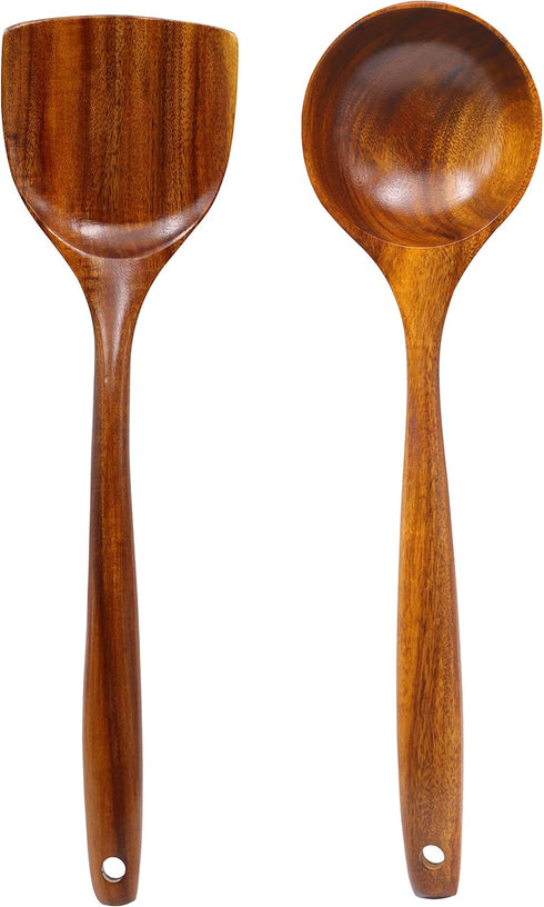 FJNATINH Wooden Wok Spatula Ladle Tool Set, 14-inch Long Handle Teak Spatula