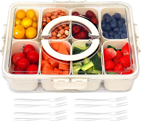 Snackle Box Charcuterie Container - Divided Serving Tray with Lid and Handle, 8 Compartment Portable Snack Box