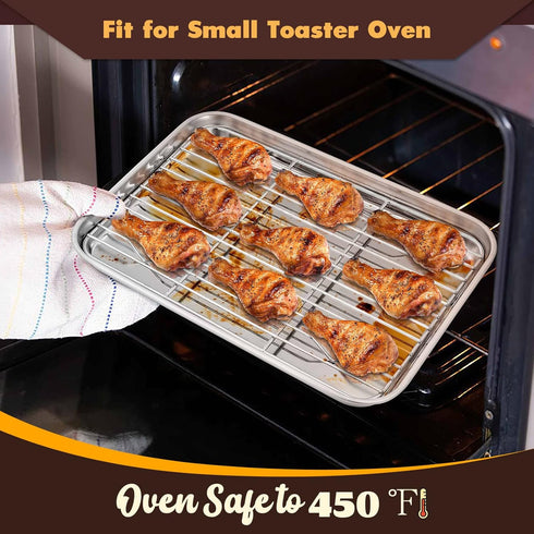 E-far Metal Toaster Oven Tray Set, 10.5”x8.3” Small Stainless Steel Baking Pan with Wire Rack for Cooking