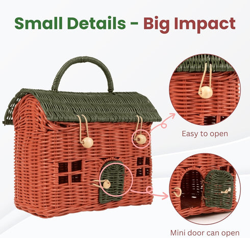 KOLWOVEN Rattan Storage Basket with Lid - Mouse in a Box - Small Doll House - Decorative Hand Woven Shelf Organizer