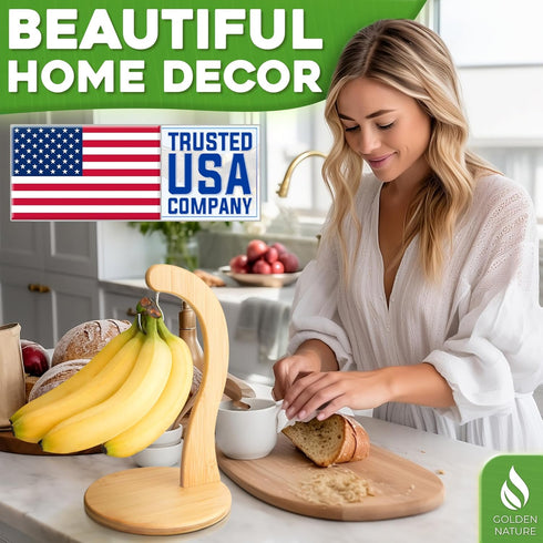 Countertop, Banana Holder w/ Hanging Hook, Rustic Wooden Grape Stand for Kitchen Bamboo Fruit Hanger To Keep Bananas