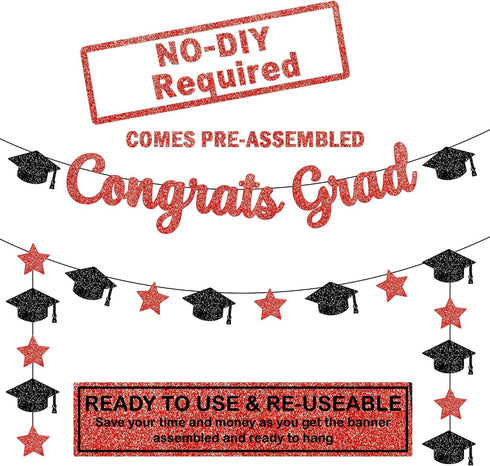 KatchOn Glitter Congrats Grad Banner, Red and Black - 10 Feet Graduation Banner, Grad Cap Garland for Class of 2025