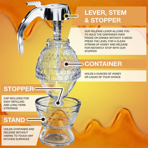 8 Oz CLEVLI Honey Dispenser No Drip Glass with Stand Honey Jar Clear Glass Honey Container with Dipper Maple Syrup