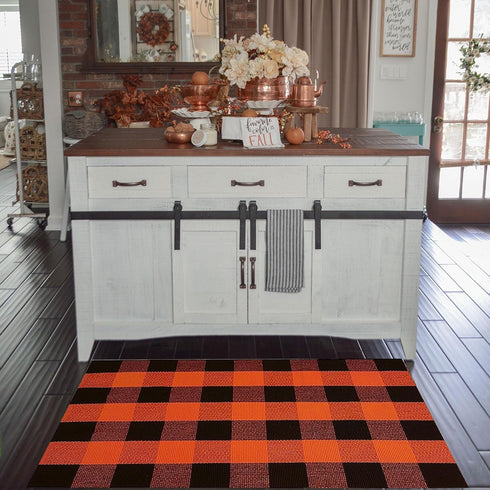 Fall Outdoor Rug, Orange Buffalo Plaid Cotton Hand-Woven Rug for Front Door/Porch/Farmhouse/Entryway (27.5'' x 43'')