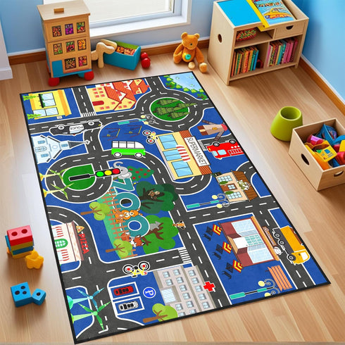 4.5x6 Road Rug for Kids - Car Rug Play Mat for Boys Room, Blue Road Carpet Playmat Fun Race Track Car Carpet for Kids