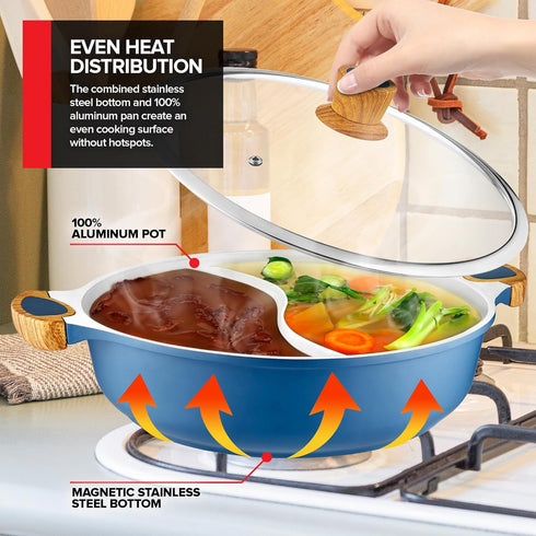 Nonstick Hot Pot with Divider, Blue Shabu Shabu Pot with Silicone Spoons for Cooking Two Broths, Induction or Gas Stove