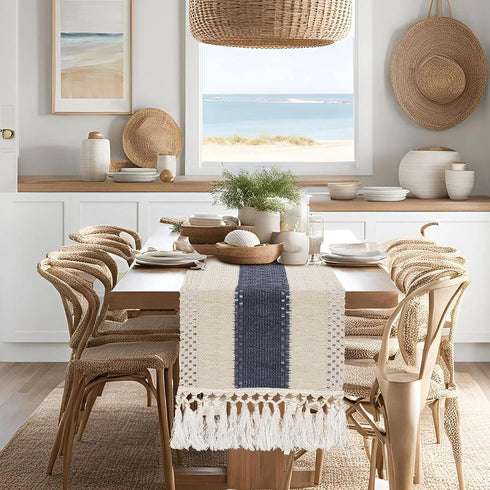 yuboo Boho Macrame Dresser Runner, Navy Blue Coffee Table Runner Short, Rustic
