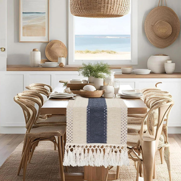 yuboo Boho Macrame Dresser Runner, Navy Blue Coffee Table Runner Short, Rustic