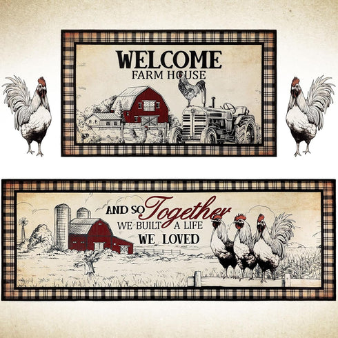 Bencailor 2 Pcs Farmhouse Kitchen Rugs, Non-Slip Washable Rooster Welcome Mats for Indoor Outdoor