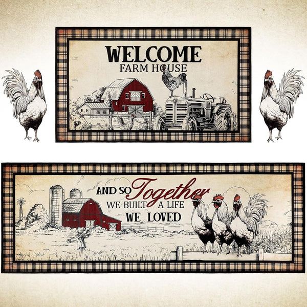 Bencailor 2 Pcs Farmhouse Kitchen Rugs, Non-Slip Washable Rooster Welcome Mats for Indoor Outdoor