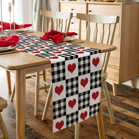 Buffalo Check Table Runners 90 Inches Long, Valentine's Day Love Heart Plaid Black White Table Runner for Family Dinner