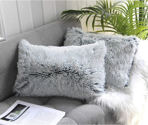 Uhomy 2 Packs Fluffy Accent Pillow Covers, 20"x12", Soft Gray Ombre Faux Fur for Home Decor, 50x30cm