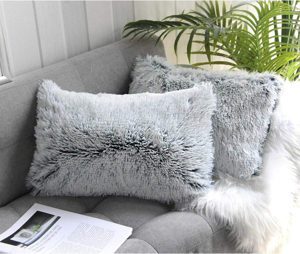 Uhomy 2 Packs Fluffy Accent Pillow Covers, 20"x12", Soft Gray Ombre Faux Fur for Home Decor, 50x30cm