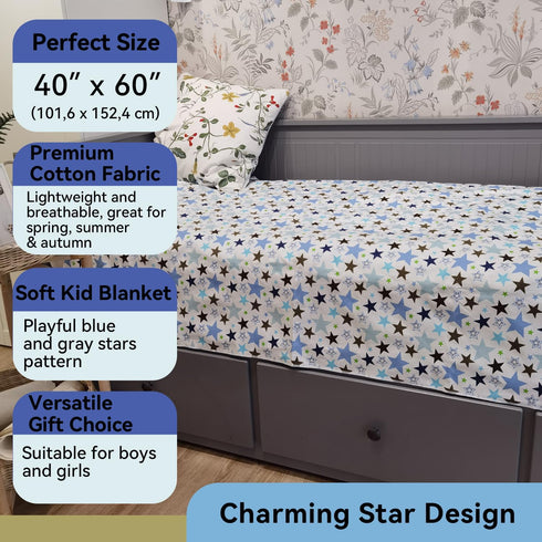 40 60 (101.6 152.4 cm) Kids Throw Blanket Soft Cotton Toddler Blanket with Blue & Gray Stars Pattern, Breathable