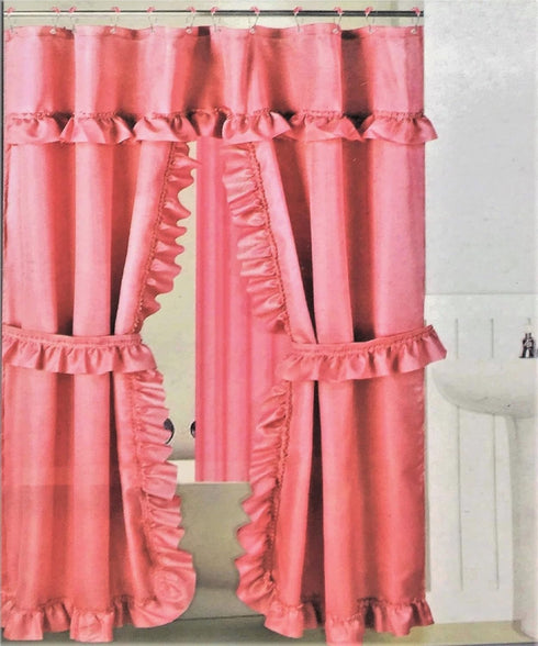 Mosaic Double Swag Fabric Shower Curtain with Vinyl Liner, 12 Rolling Rings, 2 Tie Backs (Pink)